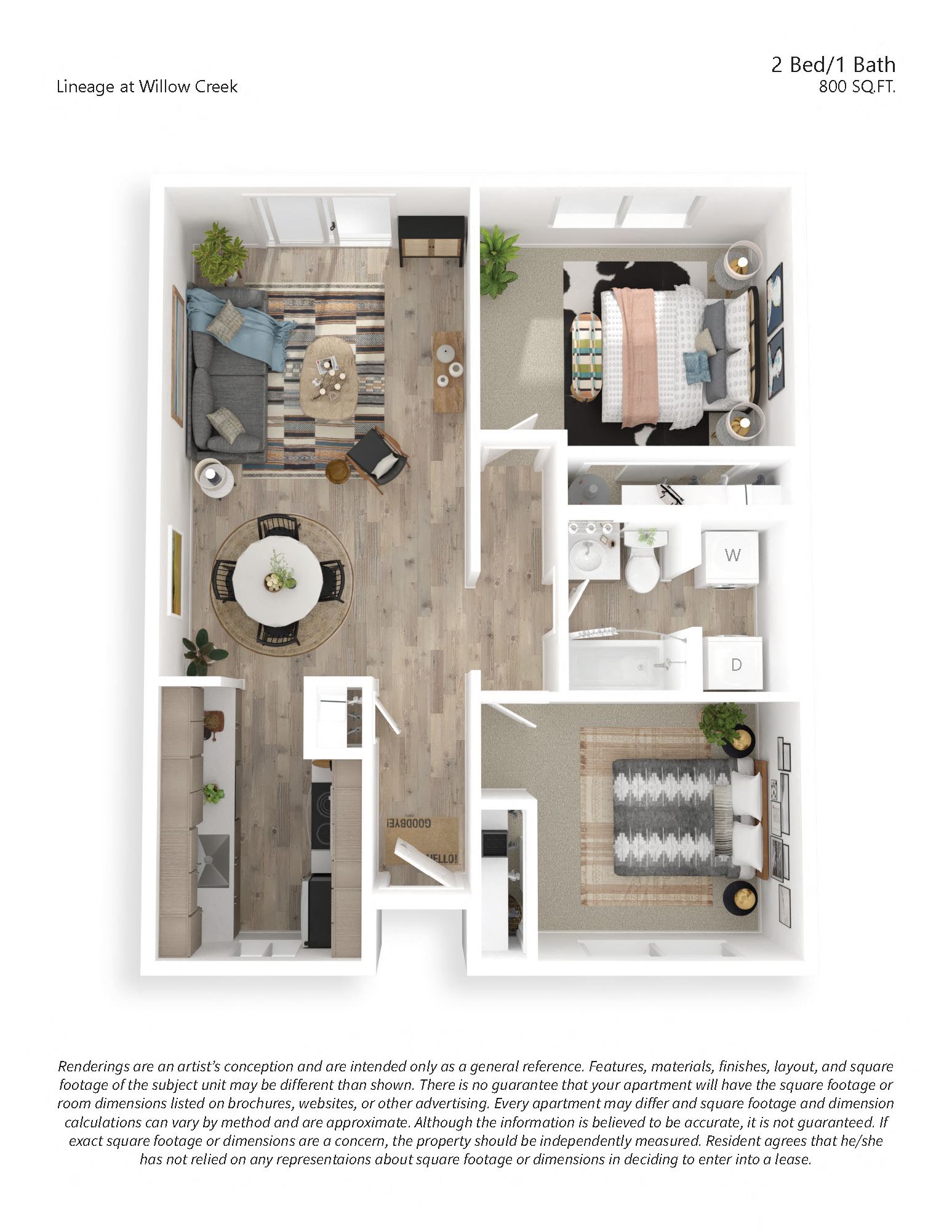 Floor plan for 2 beds, 1 bath, 800 sqft